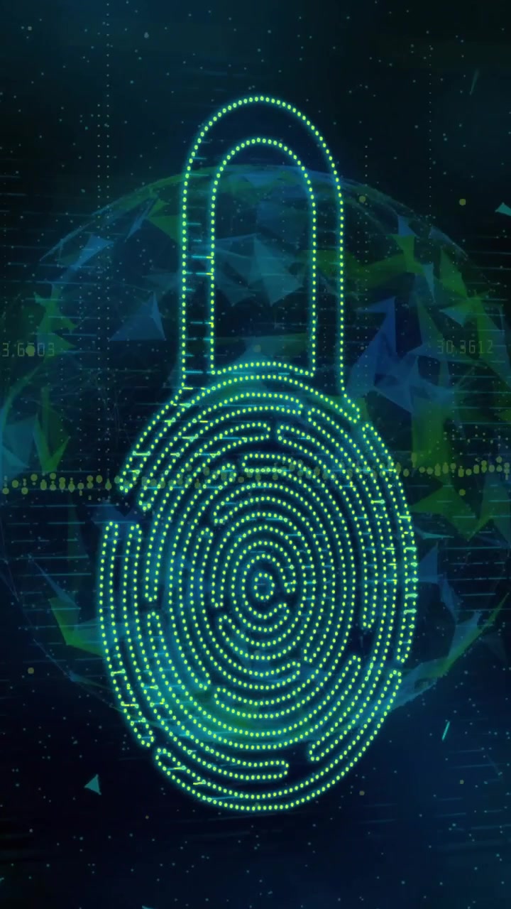 Vertical video: Biometric lock forming from dots after scan pulse, tracing print, showing unlock