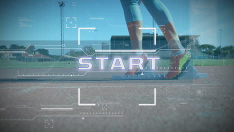 scope over start text and data processing against female athlete standing on starting blocks