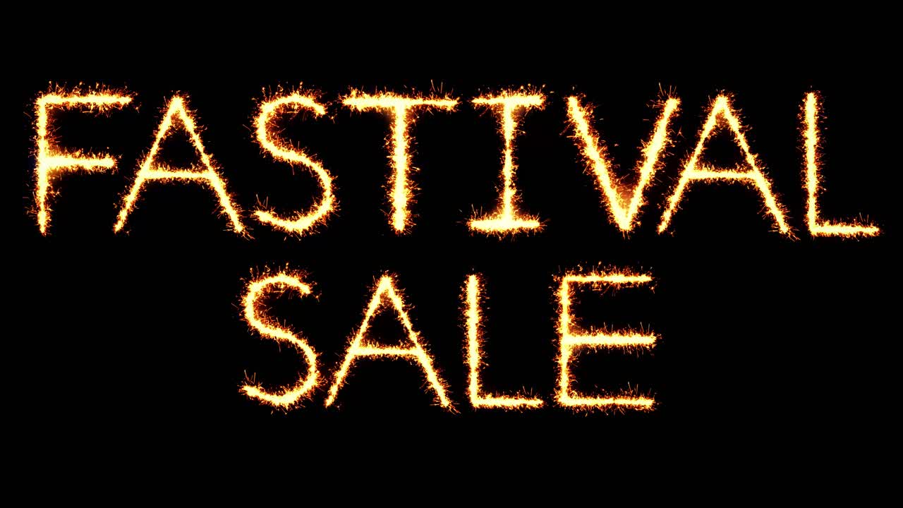 Festival sale text sparkler writing with glitter sparks particles firework on black 4k loop