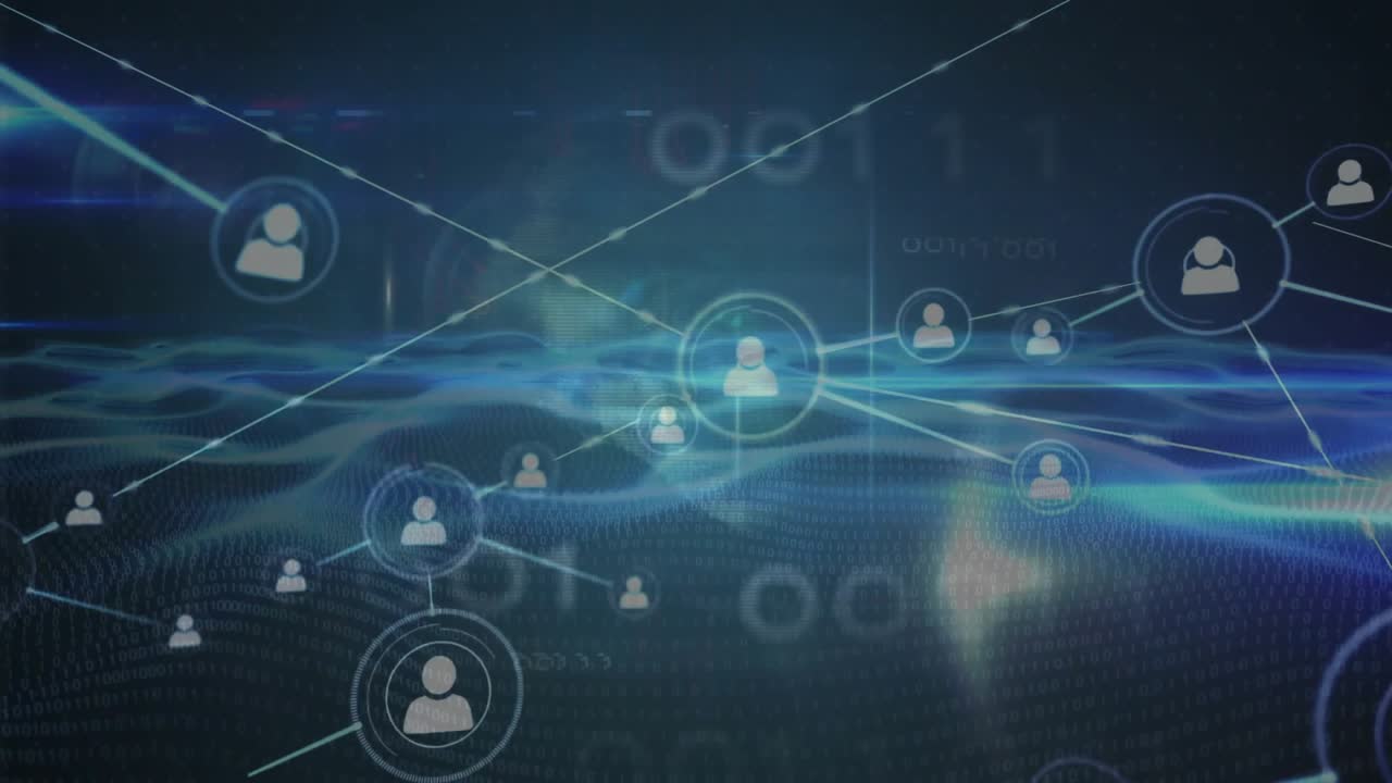 On pulsing ring initiating network, avatars materializing and linking across glowing grid