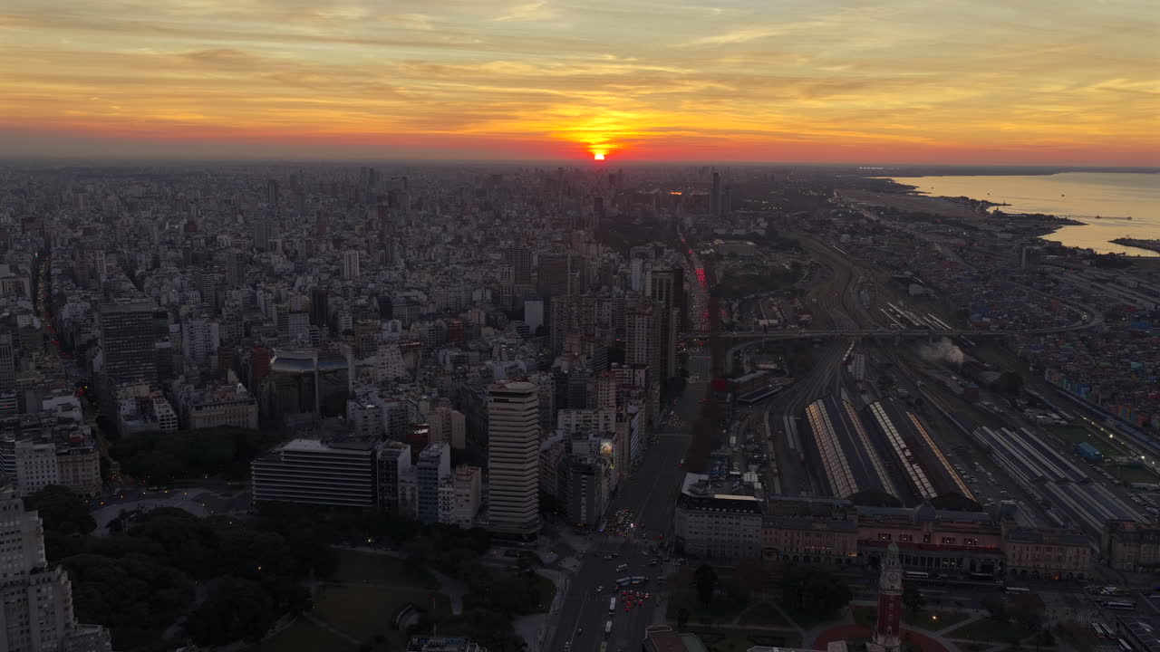 Aerial view of Buenos Aires Cityscape at sunset, Argentina