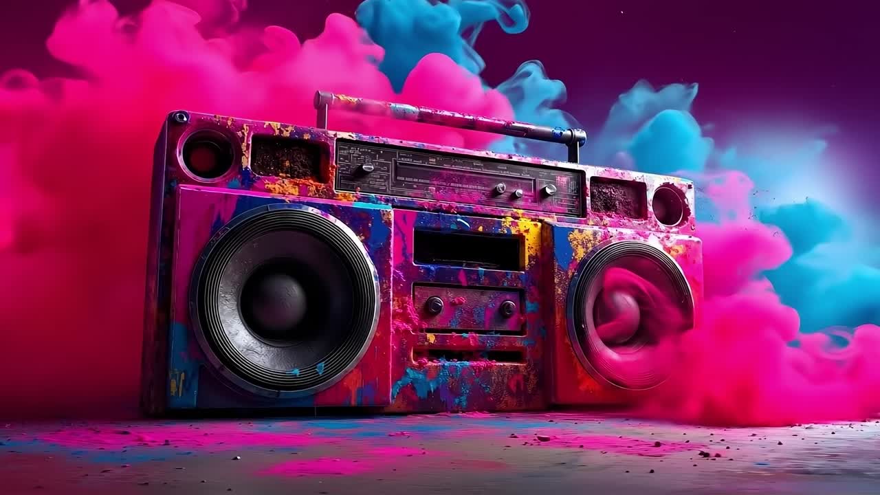A boombox with colorful paint splatters on it in the air