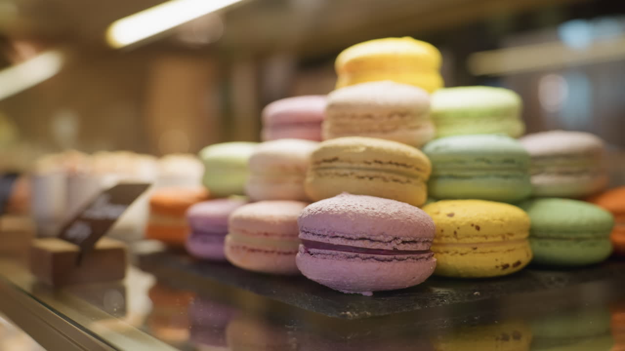 close up colorful cupcakes arranged in neat stack inside dessert display case under warm lights with soft blur background and subtle shadow of person walking by reflected on glass surface