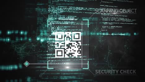 Digital animation of qr code scanning against smoke and data processing against black background