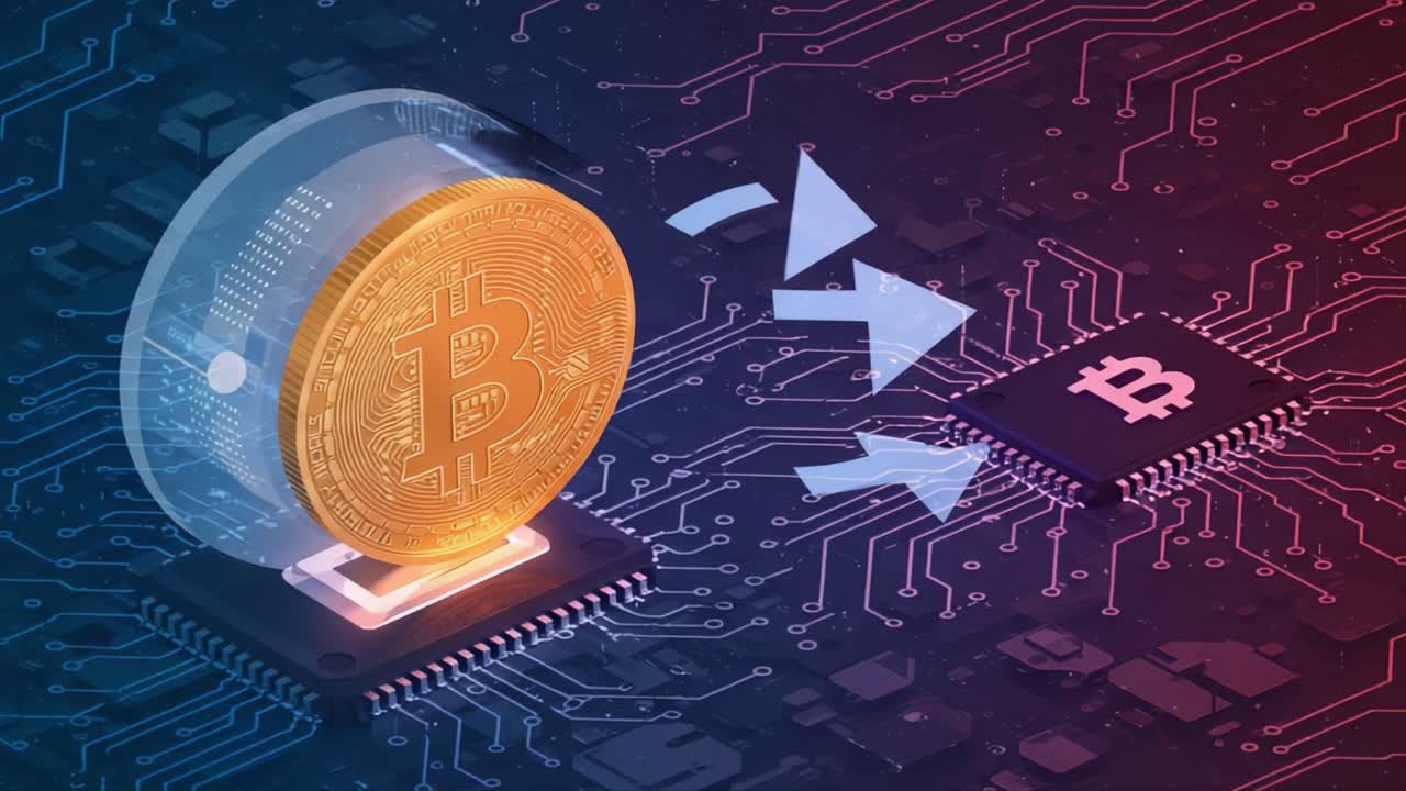 Dynamic Cryptocurrency Exchange Visualization Featuring Bitcoin and Circuit Board Interface Interactions Representing Digital Transactions and Blockchain Technology