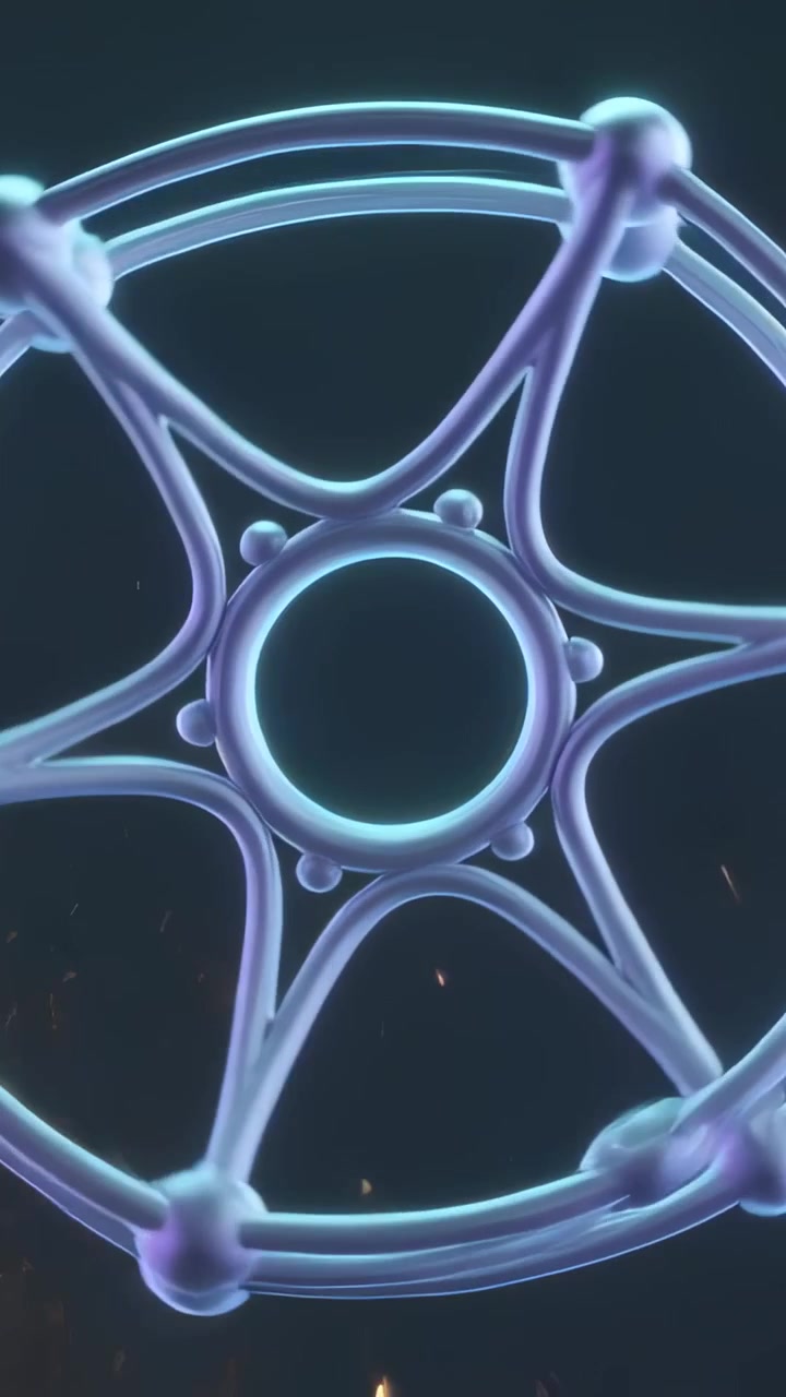 Vertical video: Rotating neon lattice in studio as warm burst rising through ring, emitting sparks