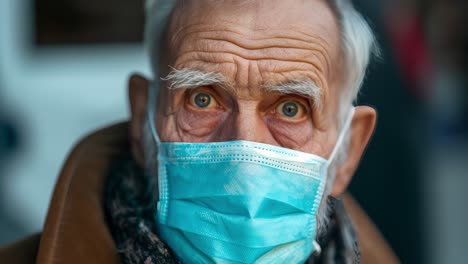 senior male patient wearing protective medical mask, covering nose and mouth while looking directly at camera with focused, serious expression during global health crisis
