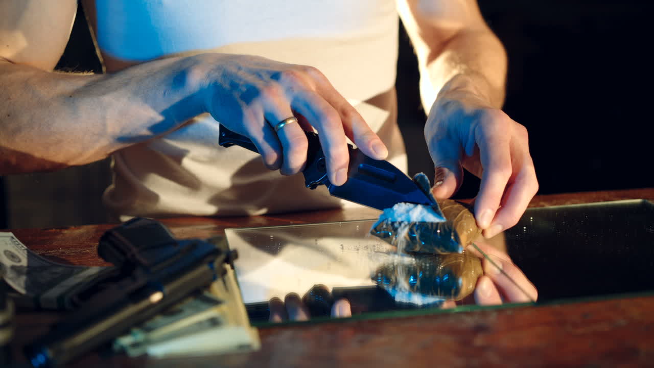 a thug is cutting a package with drugs on the table by knife. Drug trafficking