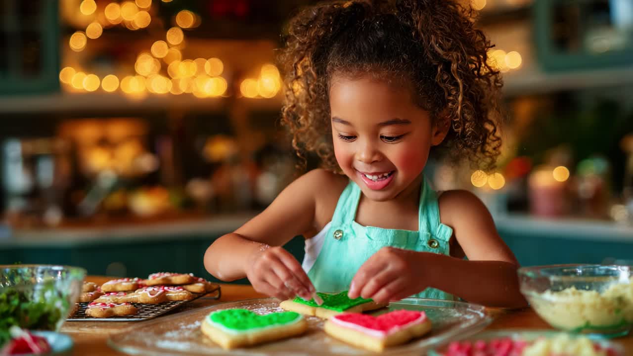 Joyful Moments of a Young Girl Decorating Colorful Cookies with Icing, Showcasing Creativity and Delight in the Heart of a Cozy Kitchen, Perfect for the Holiday Celebrations