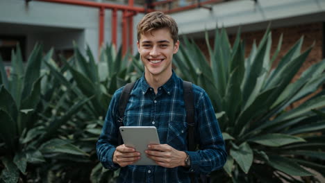 smiling young student holding a tablet on campus