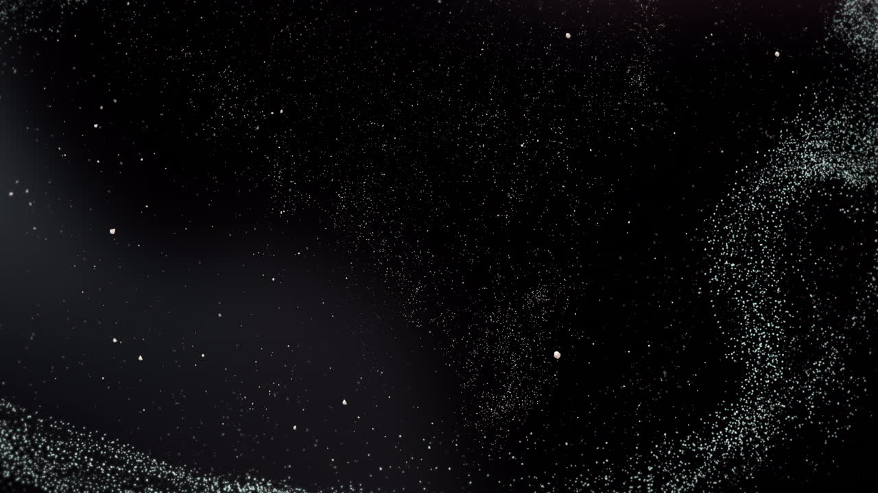 Particles floating and swirling in space animation over black background