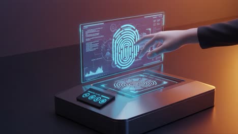 a futuristic fingerprint scanning device with holographic interface displaying biometric data patterns and real-time analytics in a high-tech environment