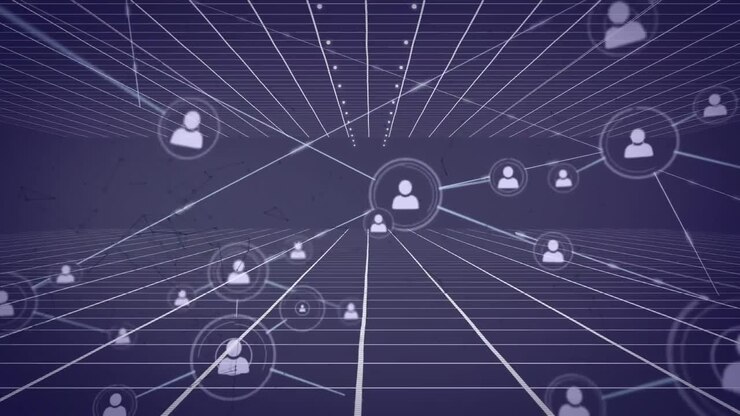 Digital animation of network of profile icons against grid network on blue background