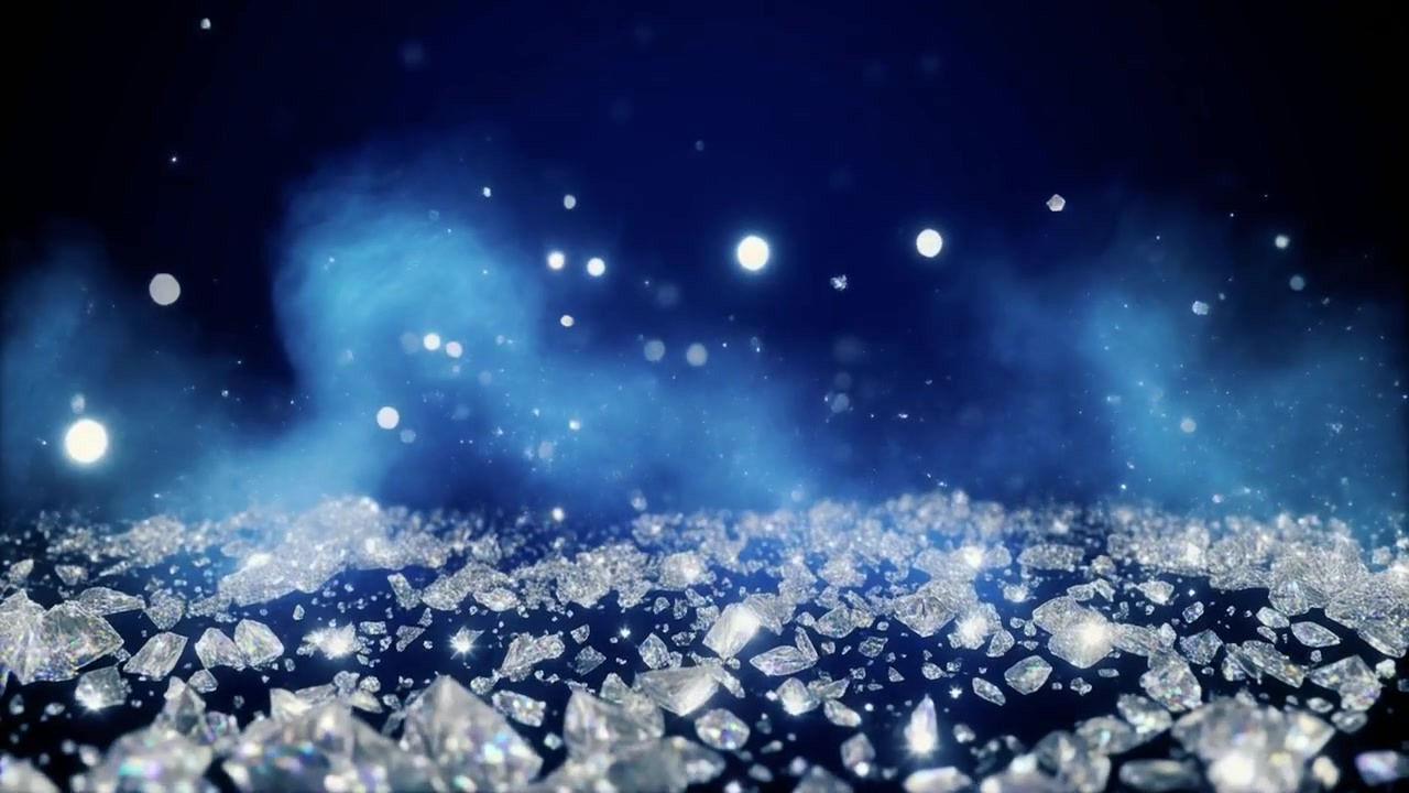 Diamanti scintillanti sparsi su sfondo blu scuro con particelle fluttuanti