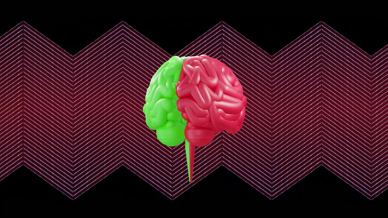 animación del cerebro humano girando sobre el fondo de patrón en zigzag