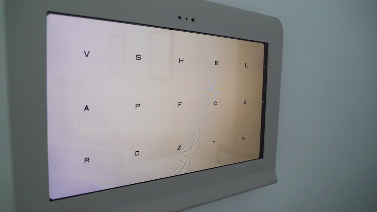 muñeco lento del gráfico de snellen con letras a bordo en el consultorio del oftalmólogo