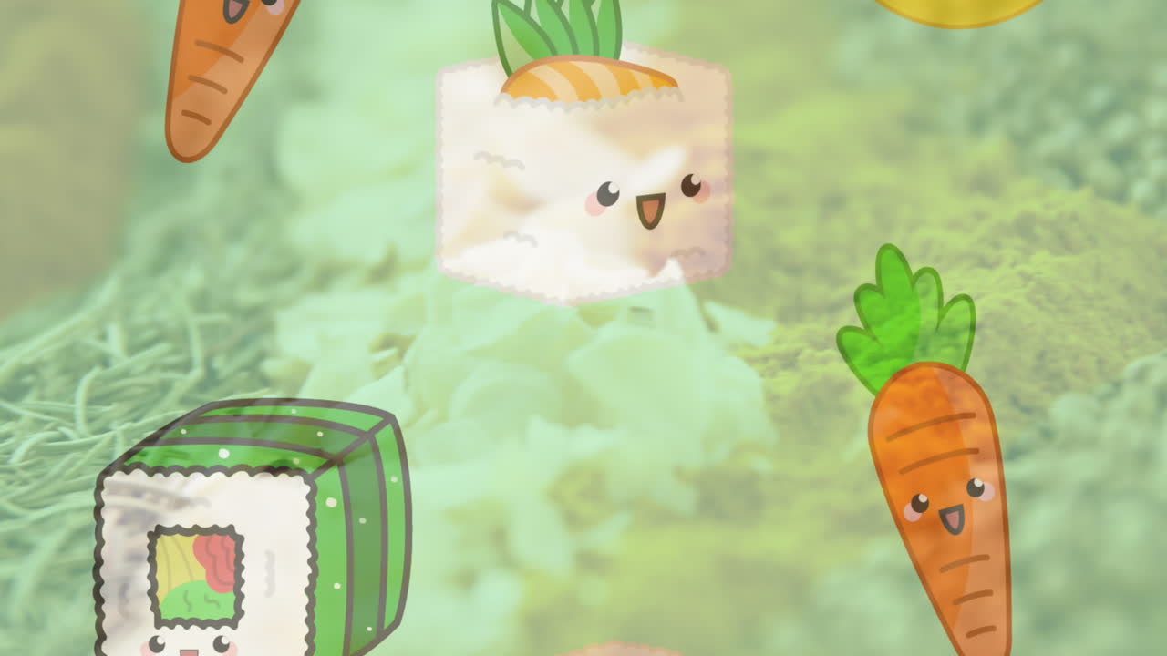 신선한 음식 위 에 채소 와 수시 를 넣은 일러스트레이션 의 애니메이션