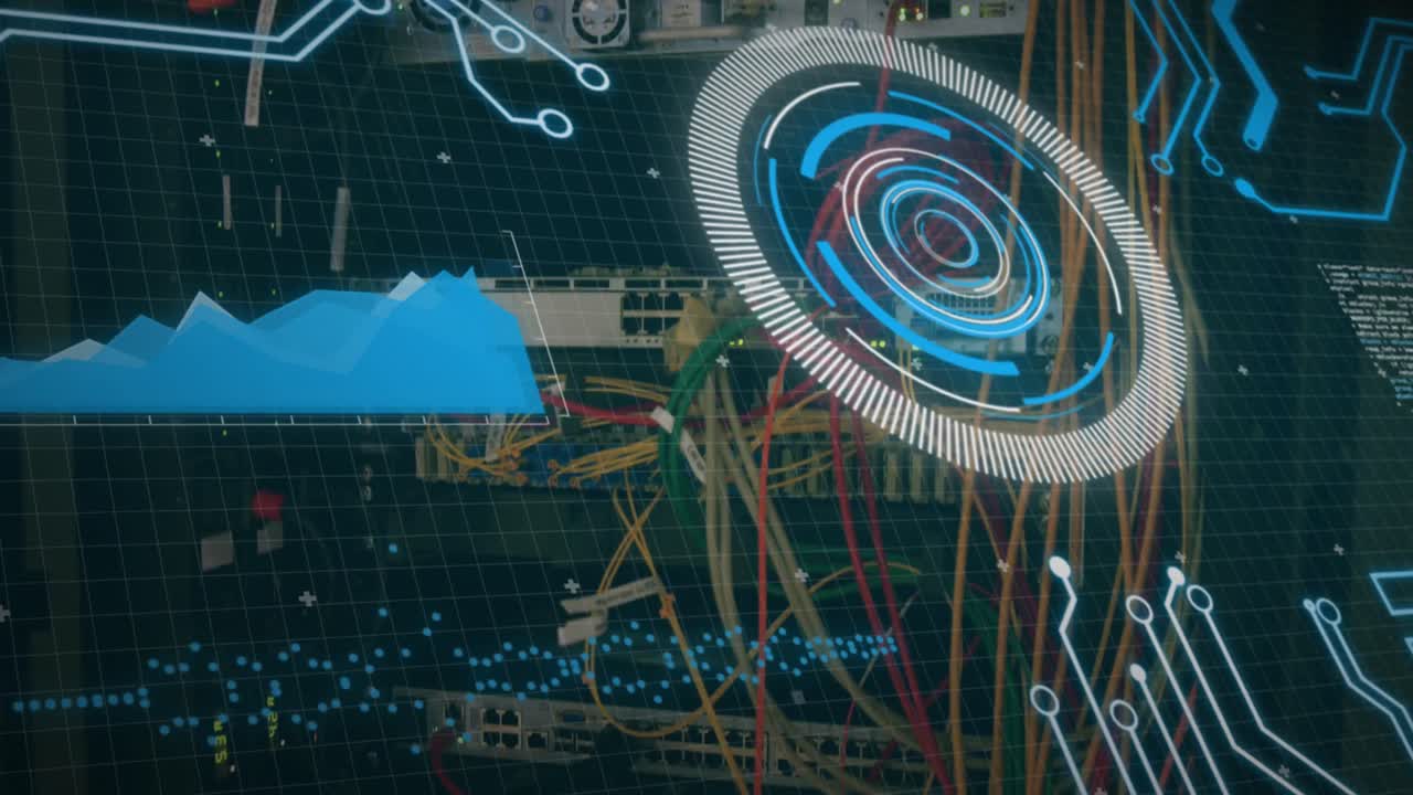 Animation of round scanner and data processing over close up of a computer server