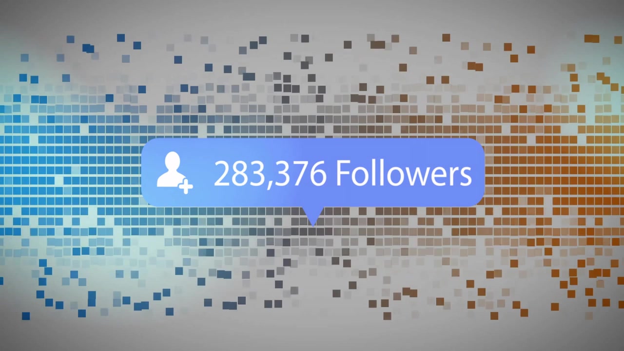 Pixels scattering and forming band, callout fading in and follower count updating showing growth