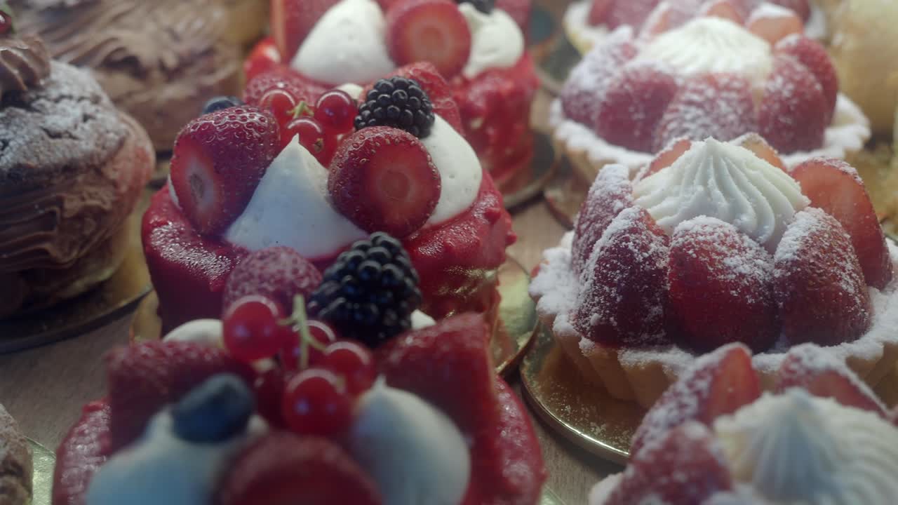 Delicious Strawberry Desserts in a Bakery