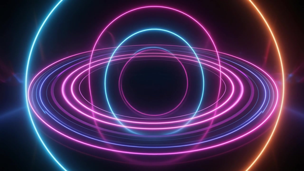Anelli al neon astratti che ruotano nello spazio buio