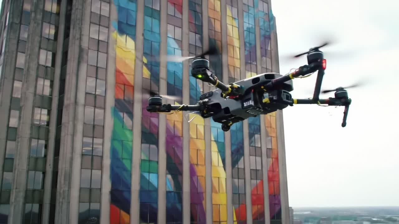 A Vibrant Drone Soars Near a Colorful Urban Mural on a Towering Building, Capturing the Picture-Perfect Blend of Technology and Art in Cityscape Exploration