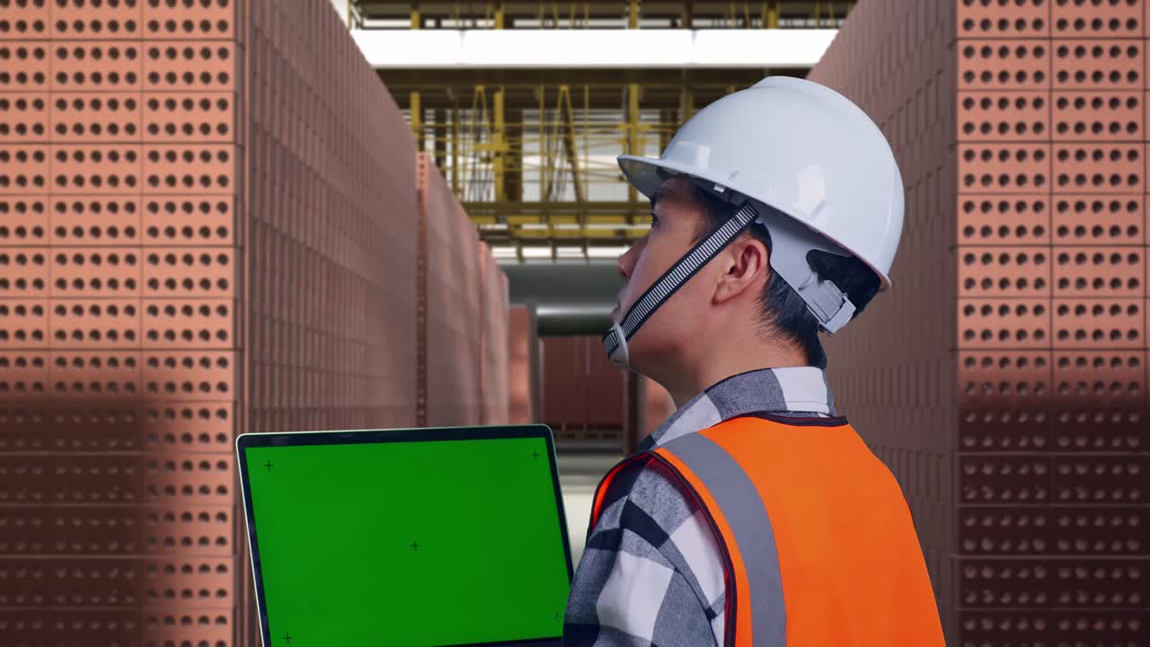Close Up Back View Of Asian Male Engineer With Safety Helmet Working On A Green Screen Laptop And Looking Around While Standing With Red Brick Packed in Stacks Are Stored