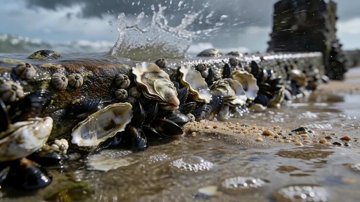 Surging wave hitting dense mussel and barnacle cluster at tidal shoreline, driven by wind