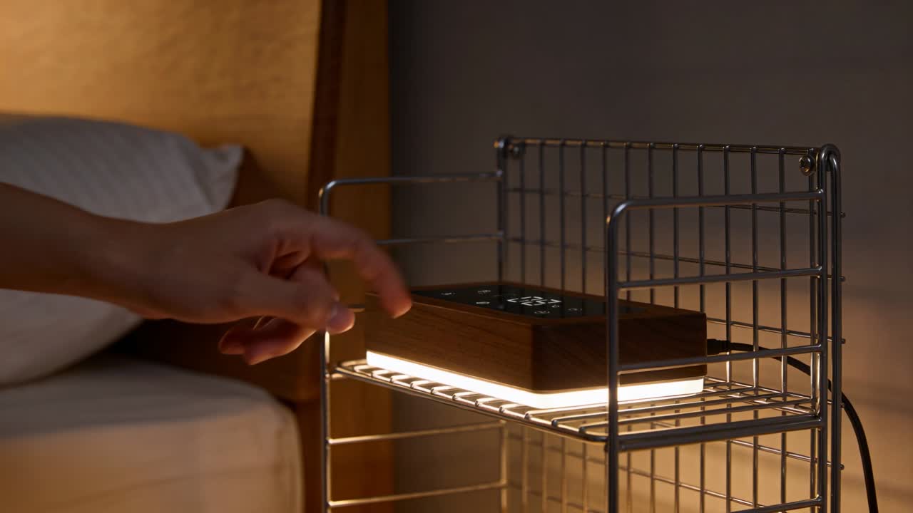 Person's hand pressing wooden smart home device on metal shelf, dimming light to set bedroom mood