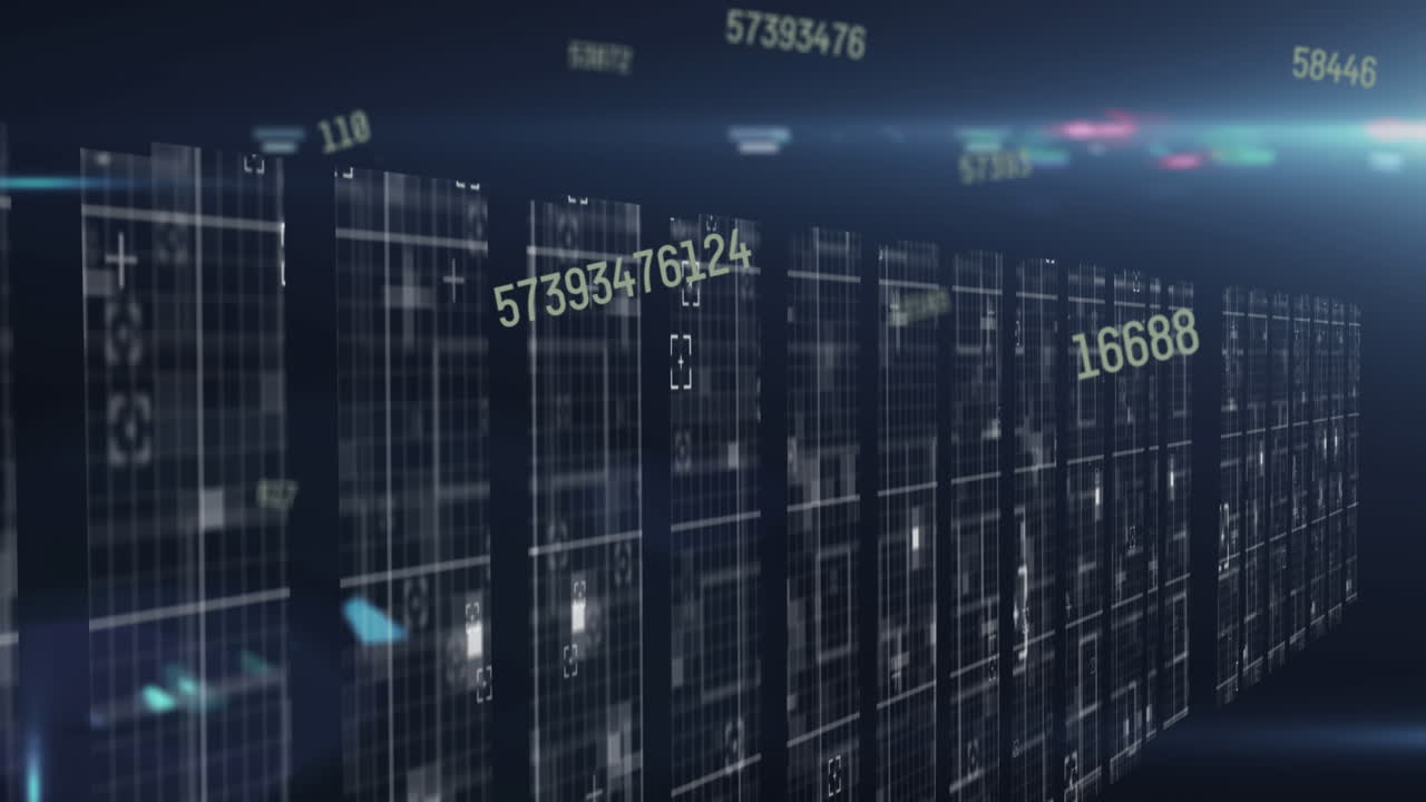 Animation of numbers changing with light trails over tech room with computer servers