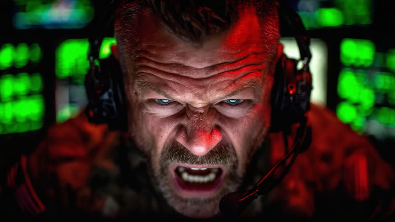 Intense Focus and Determination: A Soldier Engaged in High-Stakes Communication Amidst Complex Operations and Digital Interfaces