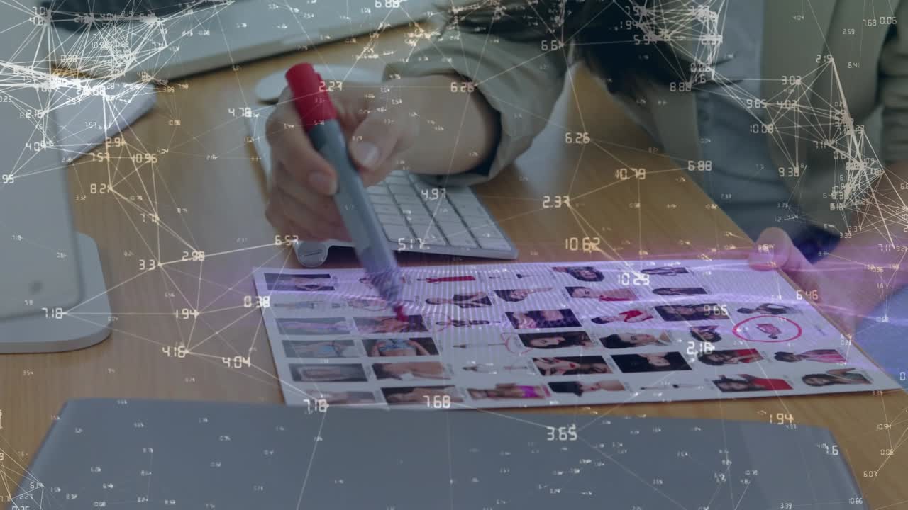 Animation of network of connections and data processing over businesswoman