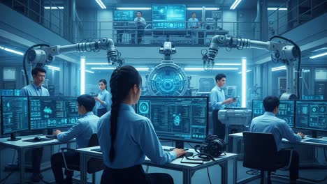 advanced robotics lab: a futuristic setting showcasing human collaboration with high-tech robotics and interactive displays, highlighting innovative workflows and cutting-edge technology