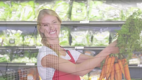 animación de procesamiento de datos sobre feliz mujer caucásica verdulera con zanahorias frescas en la tienda