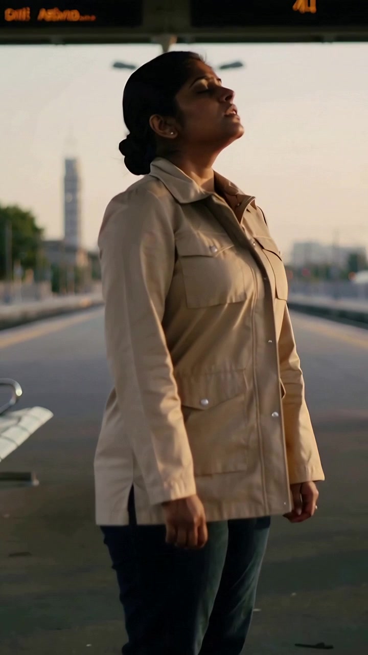 Video verticale: Pendolare che cammina con un cappotto beige, controllando il display del binario, guardando l'alba
