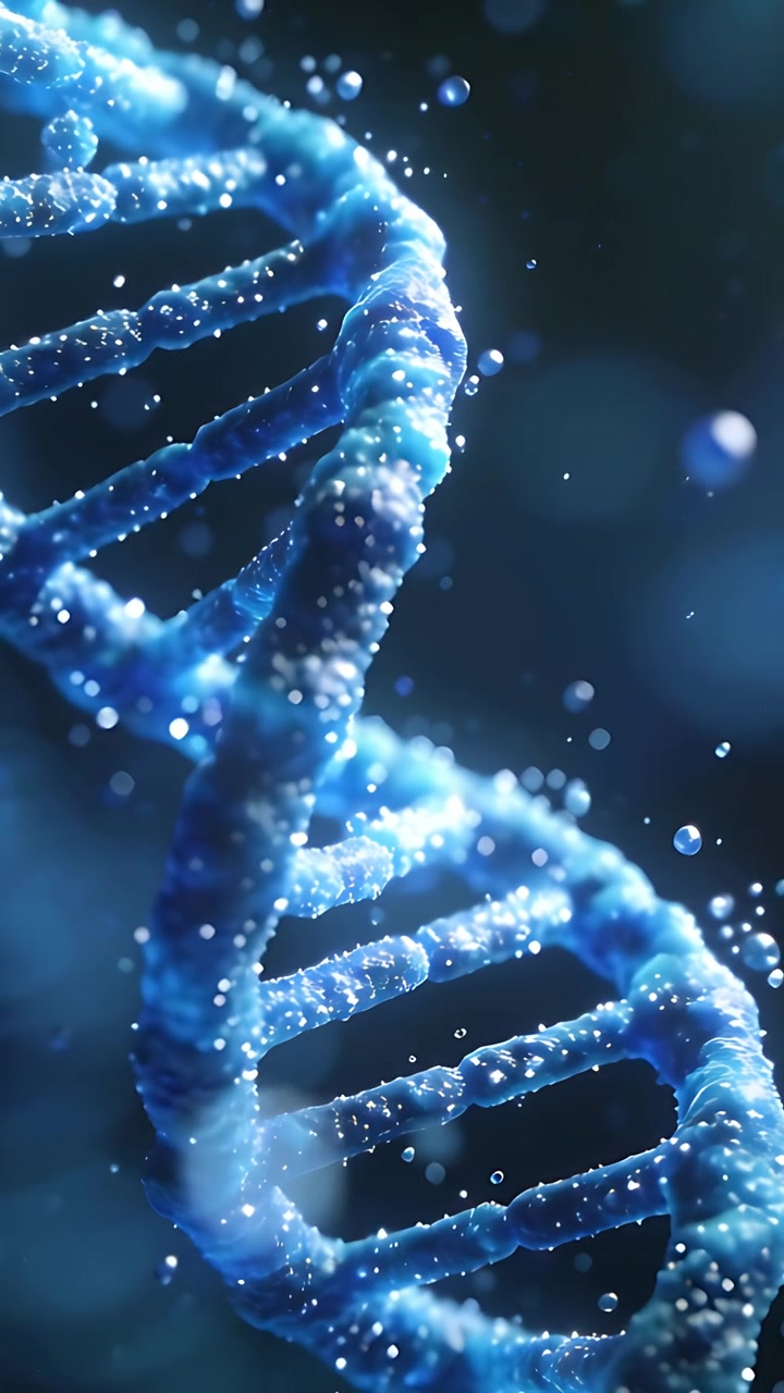Video verticale: La telecamera si allontana, un'elica di DNA che ruota, rivelando spirali in laboratorio con gocce in orbita.