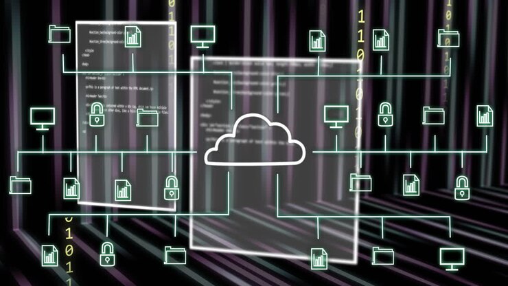 Cloud computing network animation over digital data and binary code background