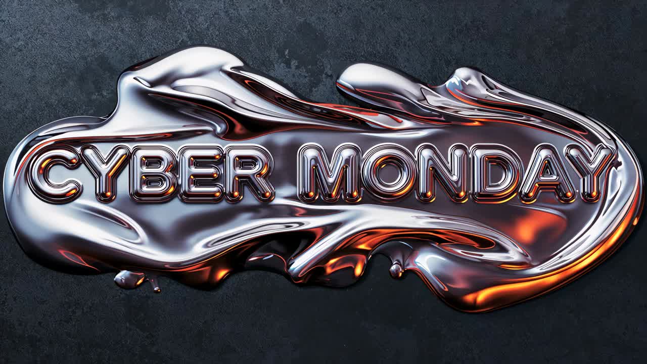 Camera push moving molten metal splash highlighting embossed CYBER MONDAY on slate, warm rim light