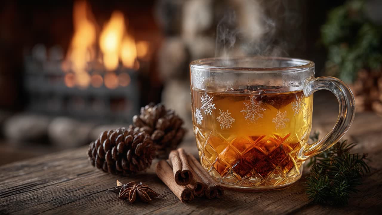 A Cozy Moment by the Fireplace: Enjoying Herbal Tea with Pinecones and Cinnamon Sticks in a Warm, Inviting Atmosphere