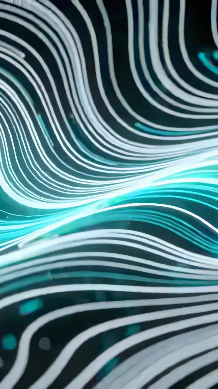 Vertical video: Code starting flowing luminous lines and teal specks, forming band in virtual space