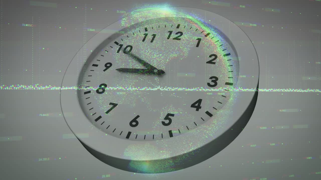 Floating analog clock glowing with glitch artifacts in neutral grey 3D render, with pixel noise