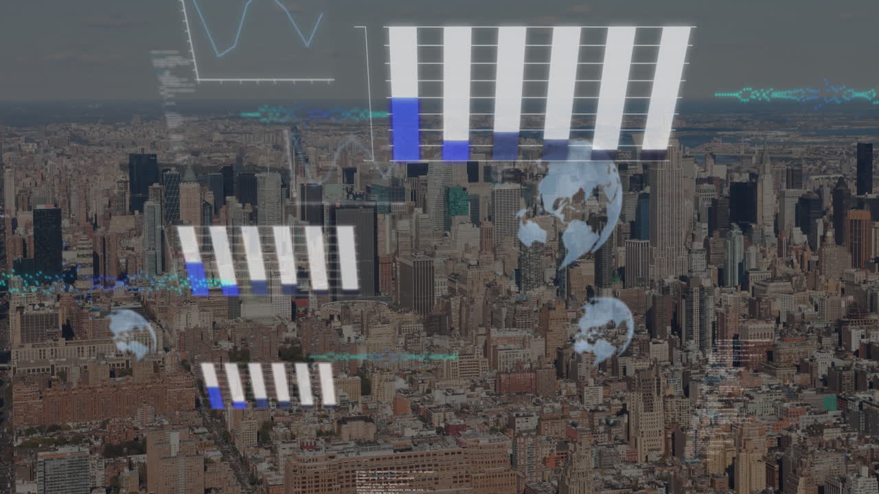 그래프, 글로브, 컴퓨터 언어의 애니메이션, 하늘에 대한 현대 도시 풍경의 공중 전망