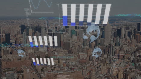 animation of graphs, globes, computer language over aerial view of modern cityscape against sky