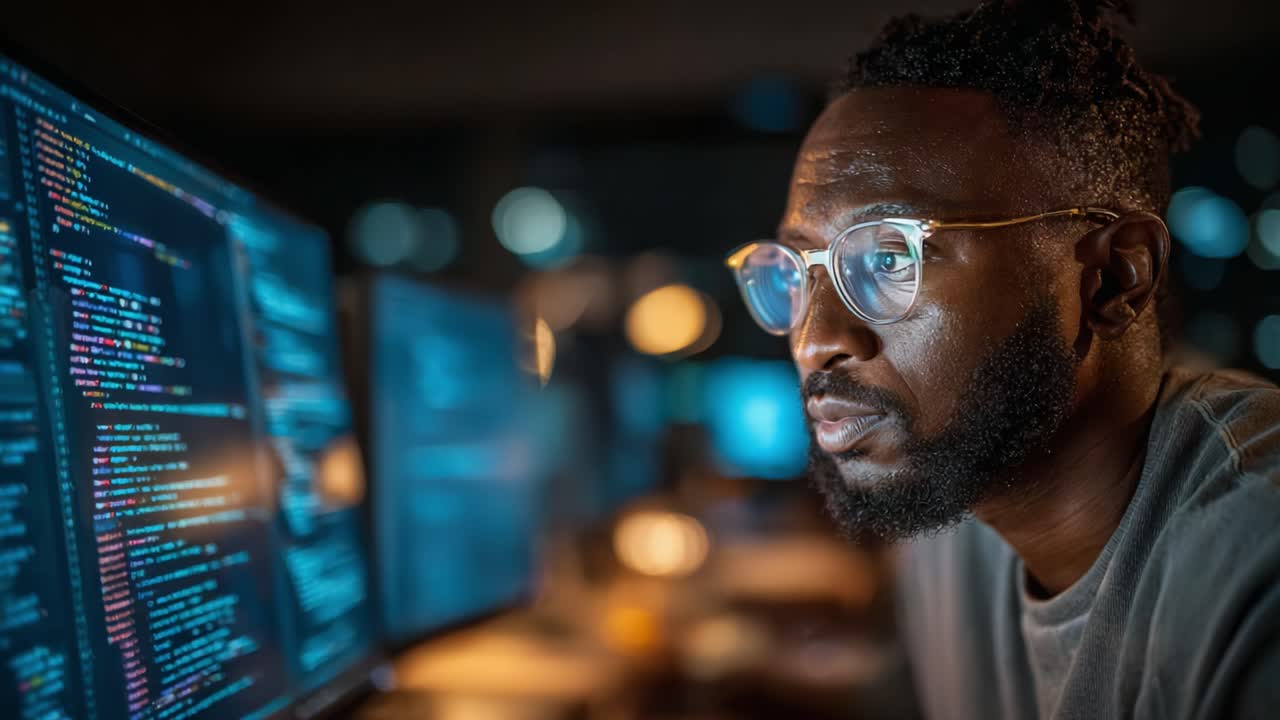 Focused Developer Analyzing Code on Multiple Monitors in Dark Workspace, Highlighting the Intensity and Detail of Modern Programming Environments