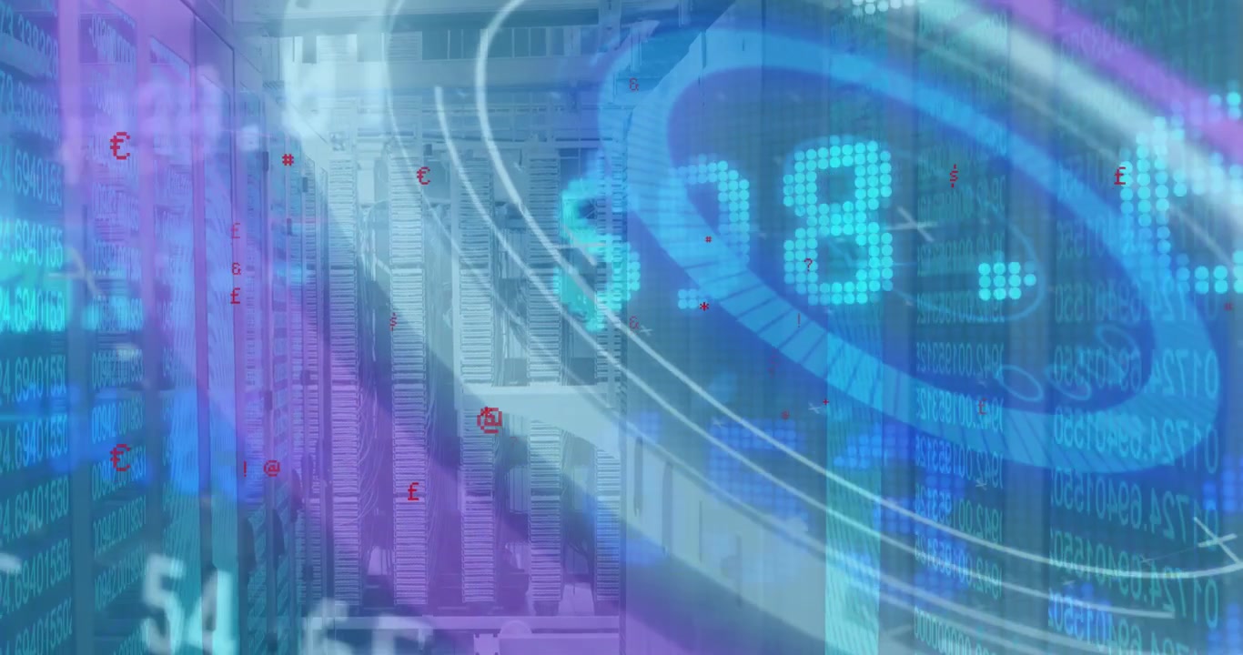 Animation of stock market data processing and round scanner against computer server room