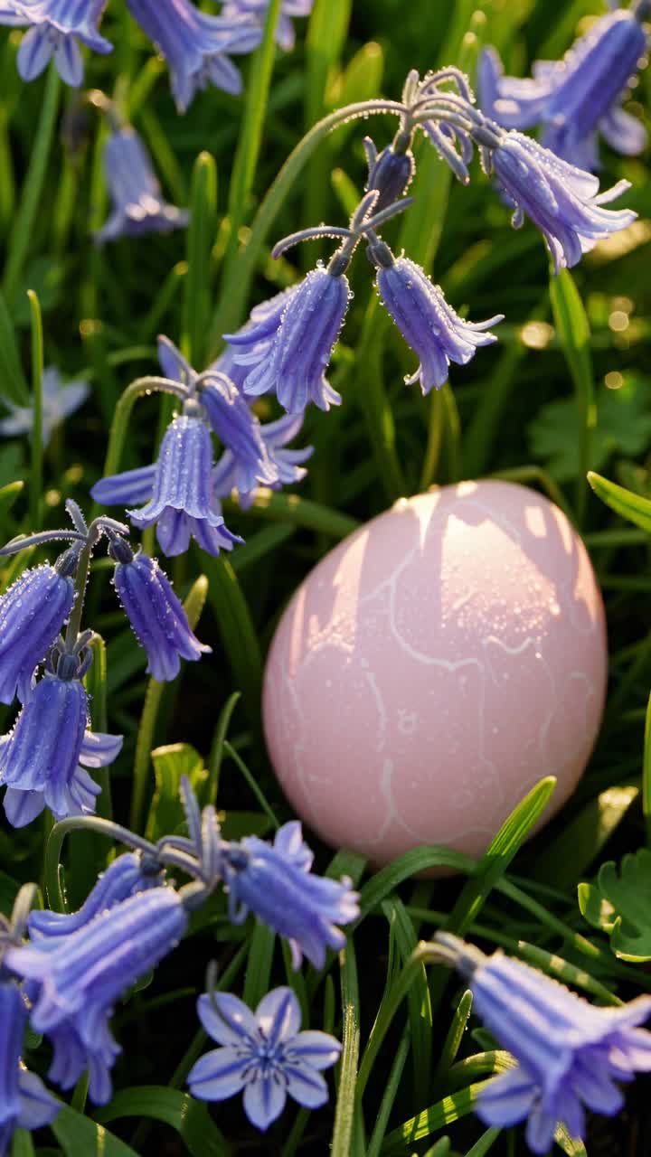 Angolo video ravvicinato di un uovo rosa adagiato tra campanule rugiadose, che cattura un'atmosfera serena e fresca