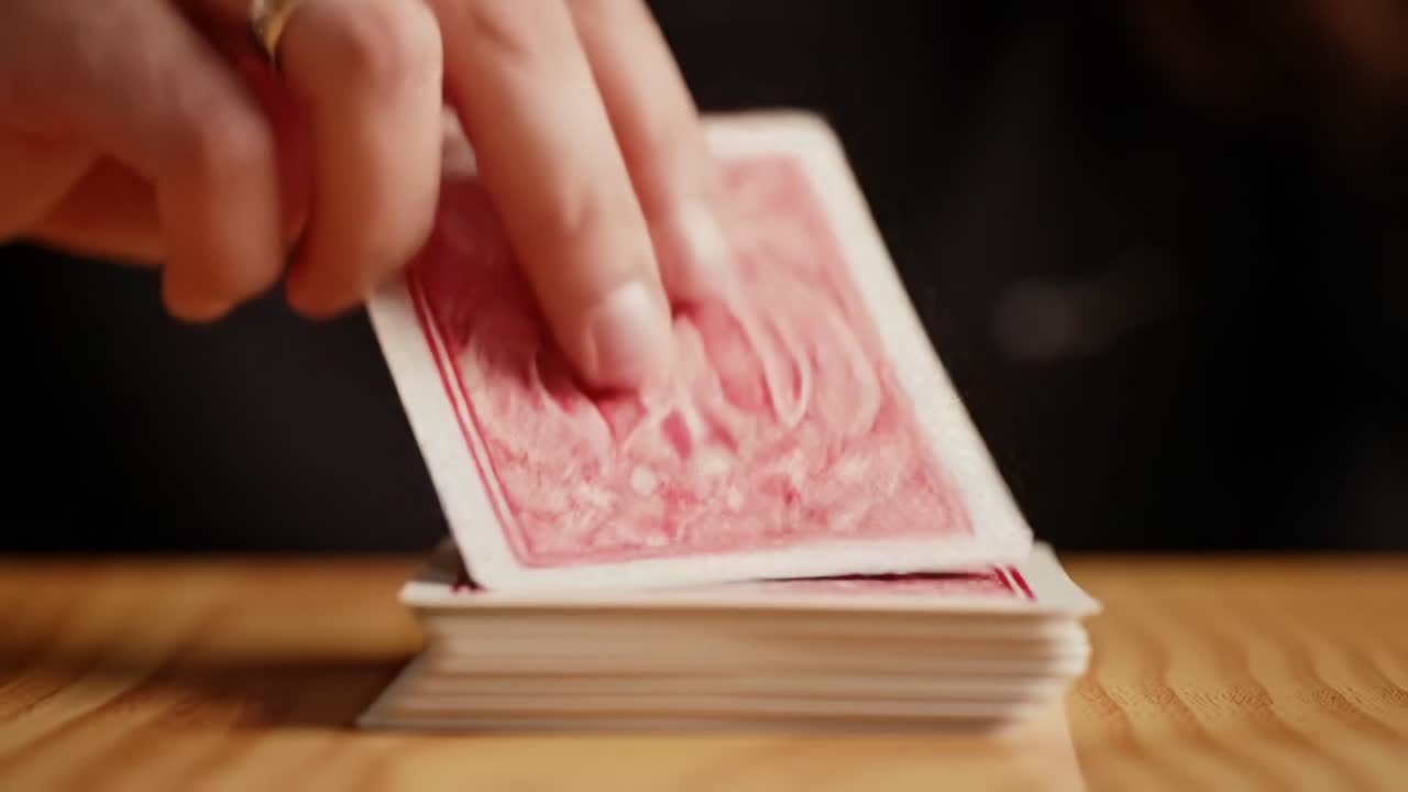 Delicate Manipulation of Playing Cards: An Intimate Glimpse into the Art of Card Stacking Captured in Two Frames Highlighting Expert Skills in Action