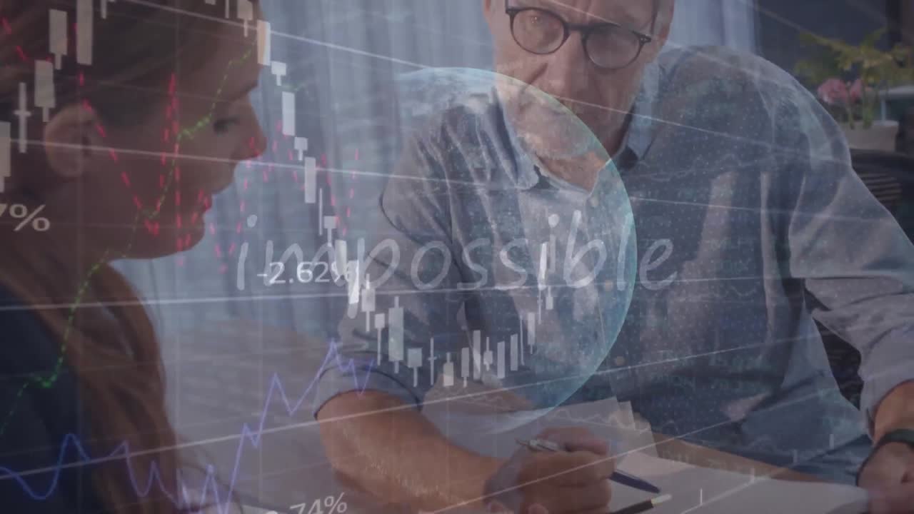 animación del procesamiento de datos financieros y el mundo sobre el hombre y la mujer comprobando documentos.