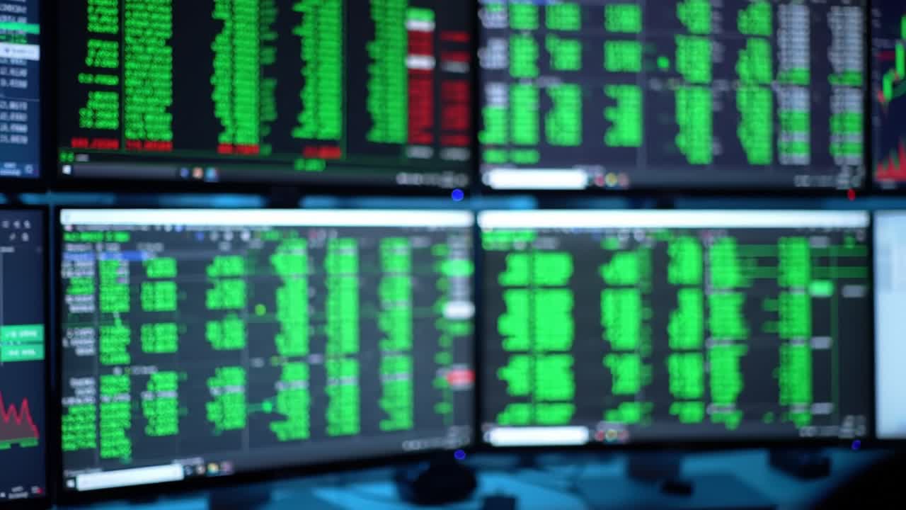 Dynamic Overview of Stock Market Data Analysis Showing Multiple Monitors with Green Bullet Points Indicating Financial Metrics and Market Performance Trends