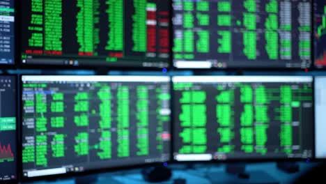 dynamic overview of stock market data analysis showing multiple monitors with green bullet points indicating financial metrics and market performance trends